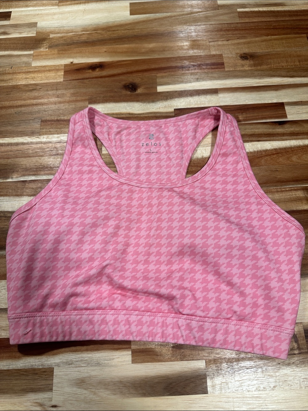 ZELOS Pink Houndstooth Racerback Sports Bra 425